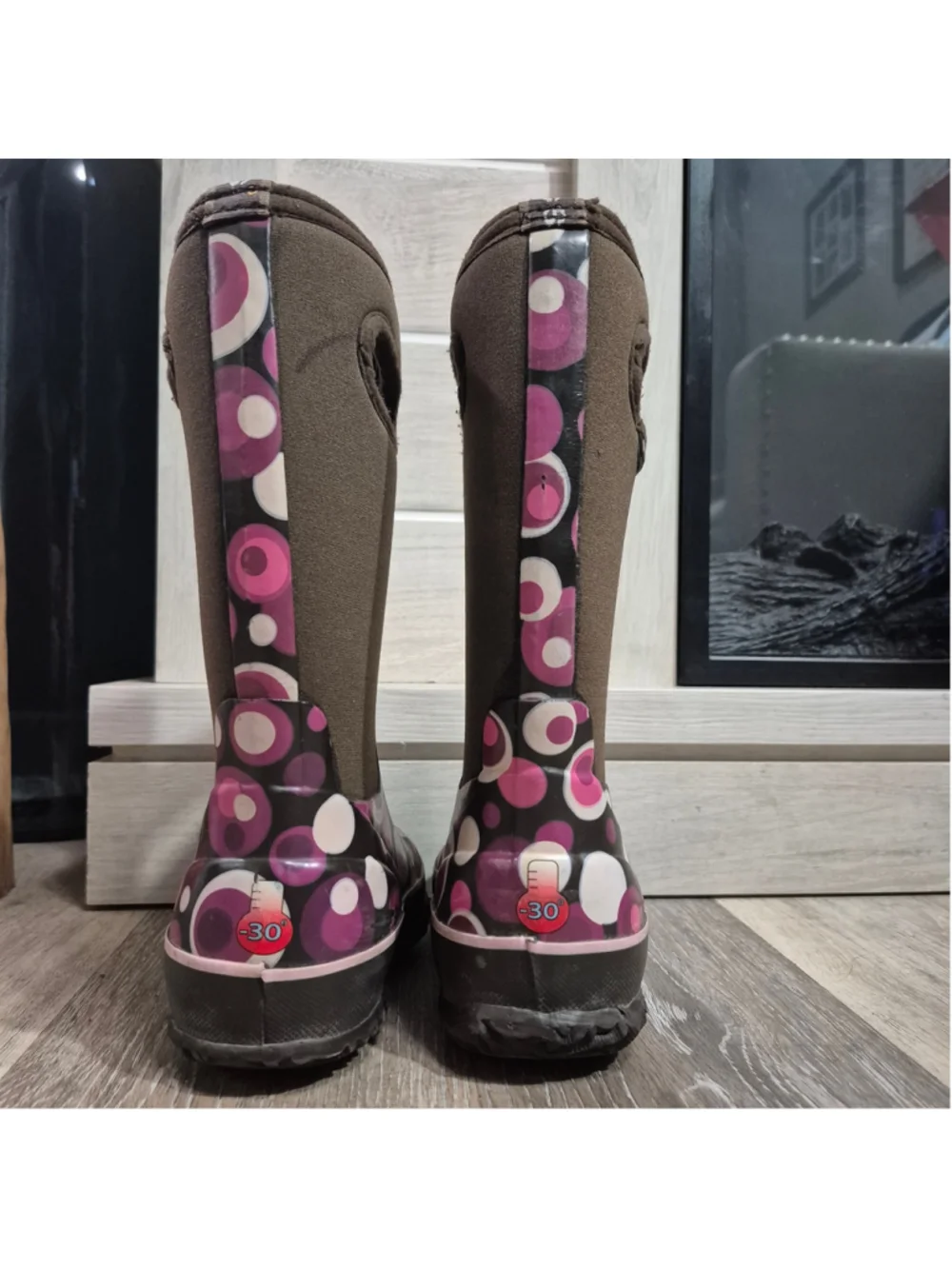 Girls Bogs Winter Boots Brown and Purple Polka Dot Pattern sz 10
